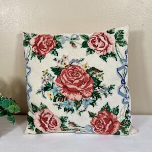 Vintage Handmade Floral and Bow Needlepoint Throw Pillow